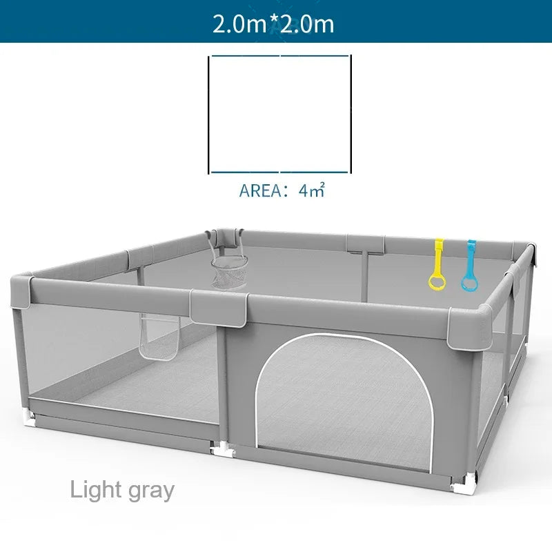 Corralito para bebés IMBABY gris claro con anilla de tiro, barrera de seguridad para niños, cerca y caja de pelota para juegos.