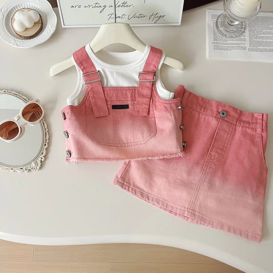 Conjuntos de ropa para niños: top vaquero con cuello halter, camiseta sin mangas y falda, 3 piezas, ropa de niña, ropa de boutique para niños de 2 a 7 años.