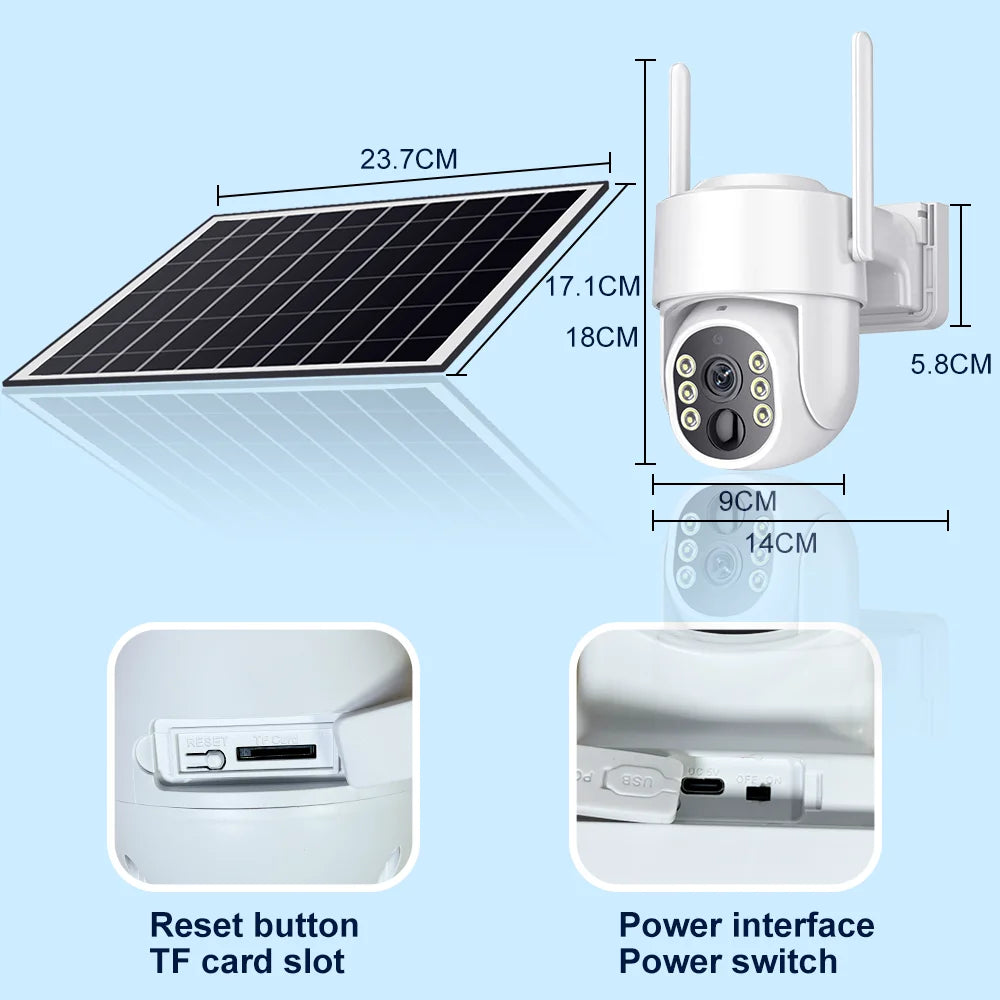 Cámara Tuya de 8 MP con energía solar, conexión wifi, detección humana PIR, visión nocturna, diseño resistente al agua, batería interna de seguridad para exteriores.