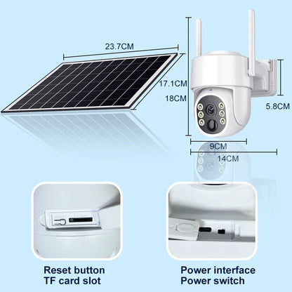 Cámara Tuya de 8 MP con energía solar, conexión wifi, detección humana PIR, visión nocturna, diseño resistente al agua, batería interna de seguridad para exteriores.
