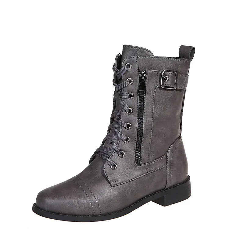 Botines de tacón cuadrado para mujer, botas de trabajo cortas de piel sintética para otoño e invierno, botas elásticas con cordones de talla grande para mujer 2024