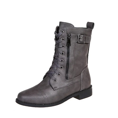 Botines de tacón cuadrado para mujer, botas de trabajo cortas de piel sintética para otoño e invierno, botas elásticas con cordones de talla grande para mujer 2024