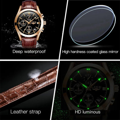 LIGE - Nuevos relojes de moda para hombre, marca superior de lujo, informal, militar, de cuero, de cuarzo, para negocios, resistente al agua, deportivo, cronógrafo