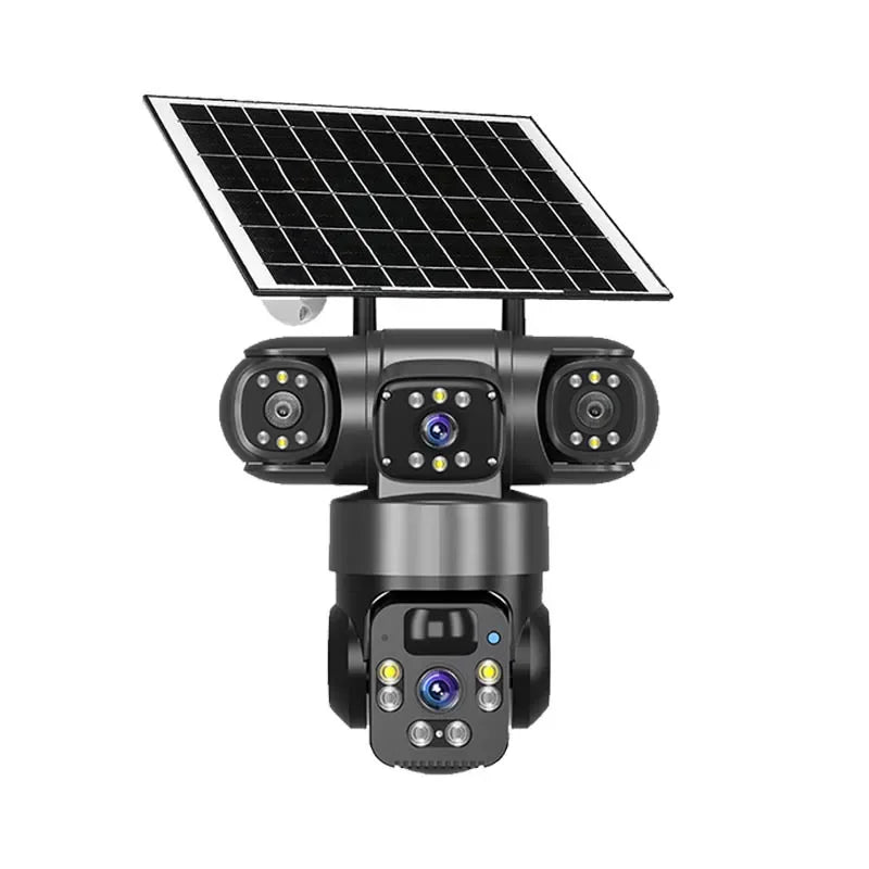 Cámara IP WiFi de 15 MP y 8K con tres lentes, resistente al agua y con carga solar para exteriores. Incluye visión nocturna, audio bidireccional y detección humana. Cámara de seguridad CCTV.