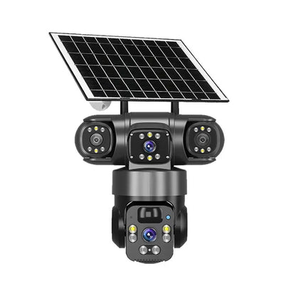 Cámara IP WiFi de 15 MP y 8K con tres lentes, resistente al agua y con carga solar para exteriores. Incluye visión nocturna, audio bidireccional y detección humana. Cámara de seguridad CCTV.
