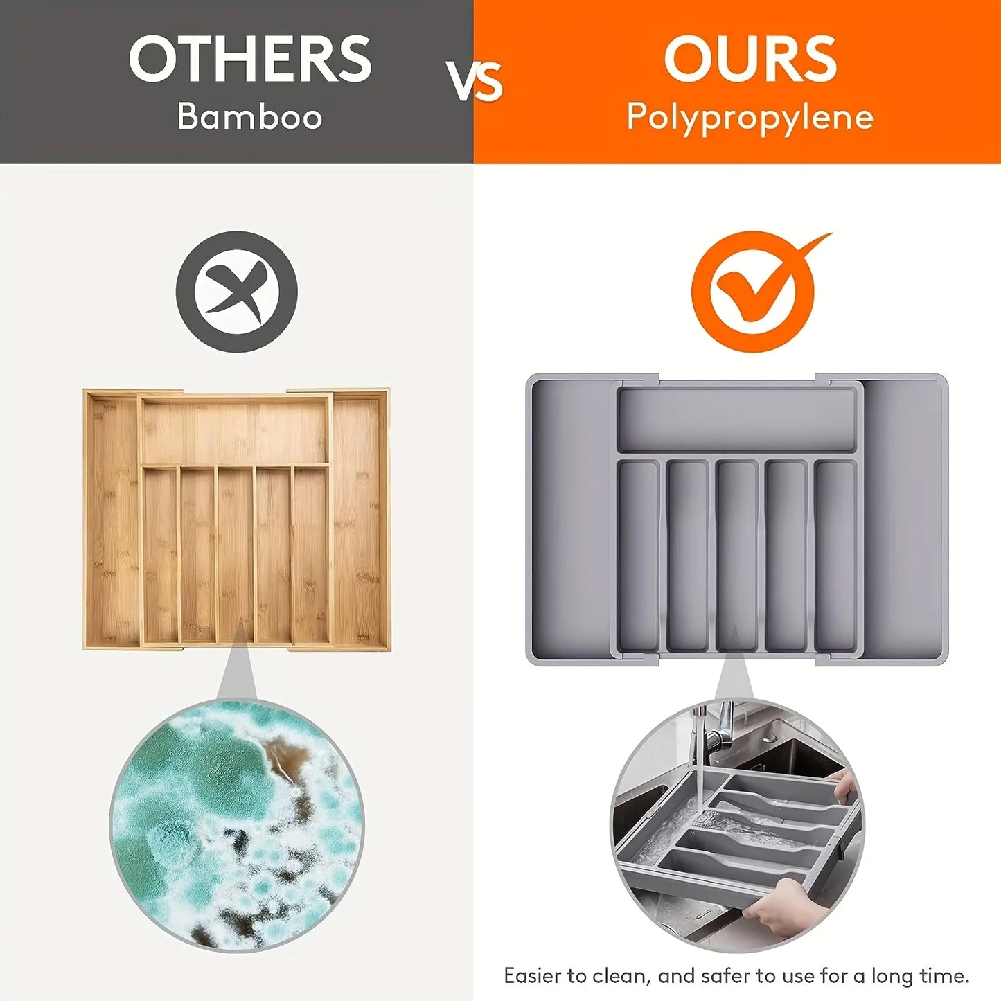 Organizador de cubiertos ajustable con divisores, bandeja de plástico para cucharas, tenedores y cuchillos.