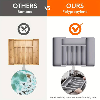 Organizador de cubiertos ajustable con divisores, bandeja de plástico para cucharas, tenedores y cuchillos.
