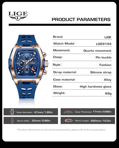 Reloj de negocios LIGE para hombre, resistente al agua, luminoso, cronógrafo, fecha, movimiento de cuarzo, correa de silicona, reloj de pulsera para hombre + caja