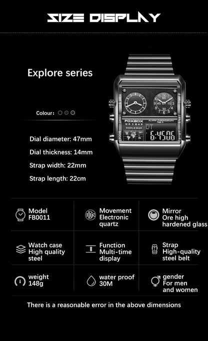 LIGE - Nuevo reloj para hombre, cuadrado, luminoso, deportivo, correa de acero inoxidable, doble pantalla, reloj de pulsera de cuarzo, reloj militar resistente al agua