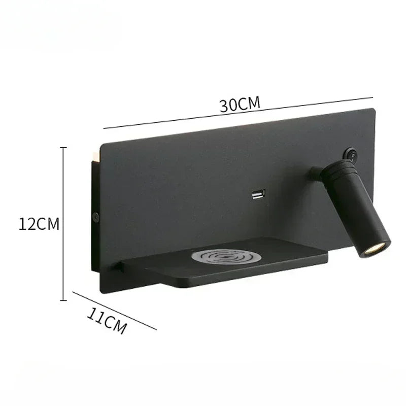 Lámpara de pared LED, luz de lectura, dormitorio, teléfono, carga inalámbrica, carga USB, luces de pared giratorias, lámpara de lado para sala de estar