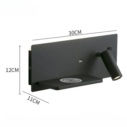 Lámpara de pared LED, luz de lectura, dormitorio, teléfono, carga inalámbrica, carga USB, luces de pared giratorias, lámpara de lado para sala de estar