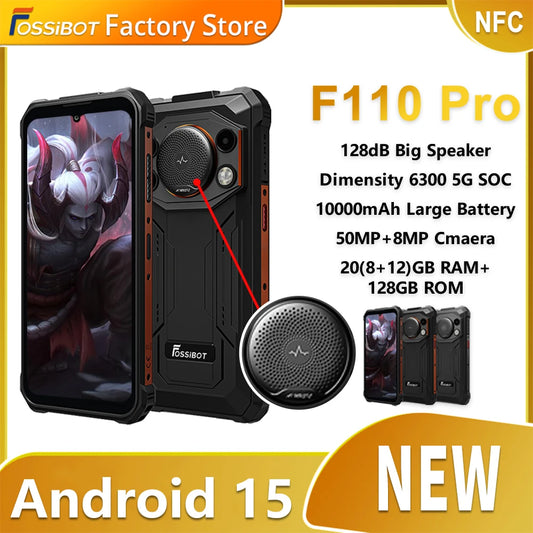 Nuevo Fossibot F110 Pro 5G 2025: Teléfono resistente con procesador Dimensity 6300 5G, 8 GB de RAM + 128 GB de almacenamiento, cámara de 50 MP + 8 MP, pantalla de 6,75 pulgadas, batería de 10000 mAh y sistema operativo Android.