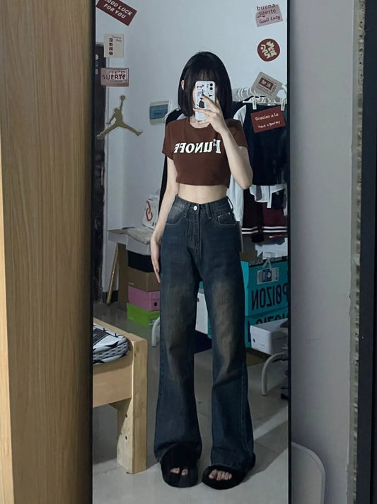 Pantalones vaqueros acampanados de pierna ancha y descoloridos estilo retro para mujer, nuevos de 2025, de cintura alta, holgados y adelgazantes, hasta el suelo.