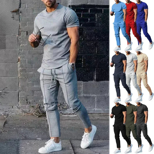 Conjunto deportivo para hombre, otoño 2023, verano, liso, informal, cuello redondo, manga corta, camiseta deportiva, conjunto de dos piezas para hombre