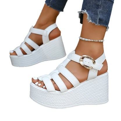 Sandalias de tacón grueso estilo romano de moda, zapatos de mujer, zapatillas de plataforma de tacón alto de verano, sandalias de suela plana con hebilla elegante