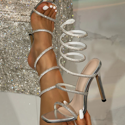 Sandalias de tiras cruzadas con cristales para mujer, zapatos de tacón alto y fino con punta abierta, estilo urbano, para fiesta y graduación, para verano, 2025