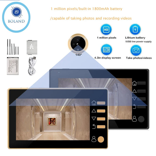 Nuevo timbre de puerta inteligente con mirilla de 4.3 pulgadas y ángulo de visión de 140°, cámara de seguridad y monitor de puerta con resolución HD 1080p.