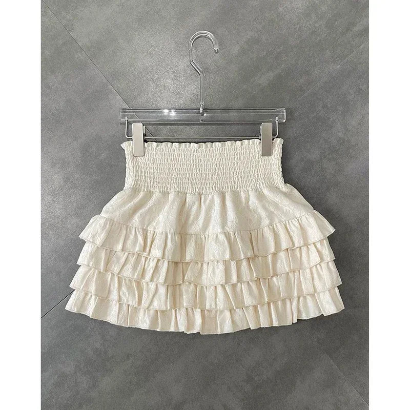 Minifaldas con volantes para mujer, estilo kawaii, de cintura alta, con encaje, estilo coreano, color negro, para verano
