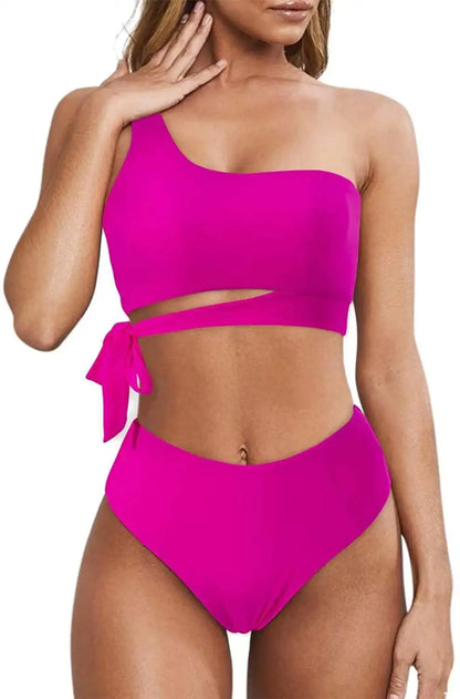 Bikini de un solo hombro para mujer, traje de baño dividido, color liso, traje de baño de playa de verano, traje de baño para mujer
