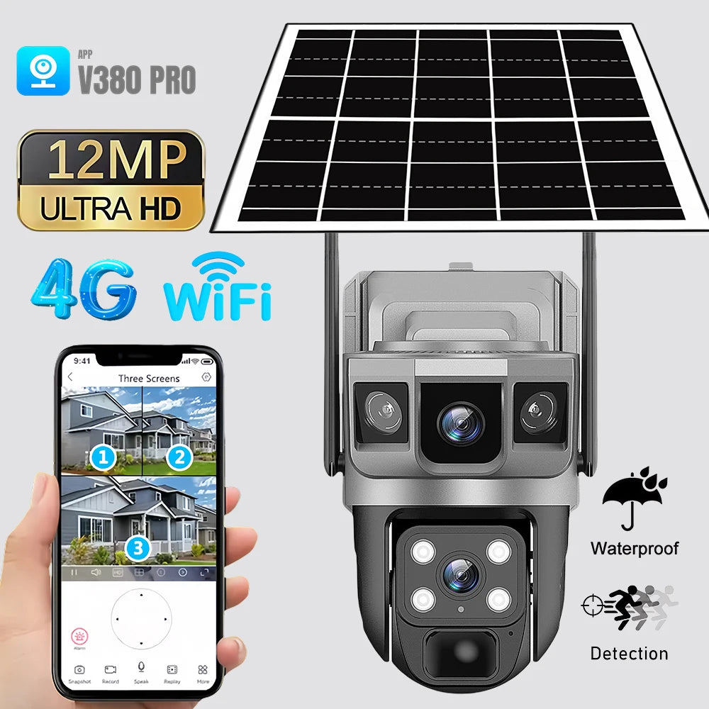 Cámara solar exterior V380Pro de 12 MP con IP 4G/WiFi, visión nocturna HD, seguimiento PTZ, detección de movimiento PIR y seguridad para el hogar (CCTV inteligente).
