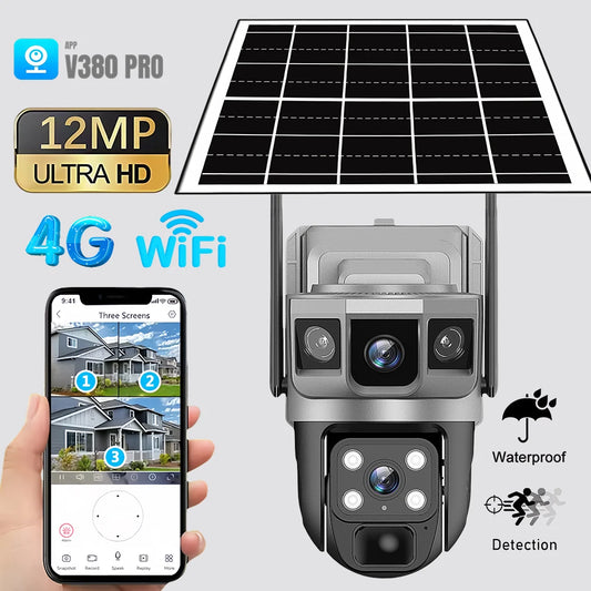 Cámara solar exterior V380Pro de 12 MP con IP 4G/WiFi, visión nocturna HD, seguimiento PTZ, detección de movimiento PIR y seguridad para el hogar (CCTV inteligente).