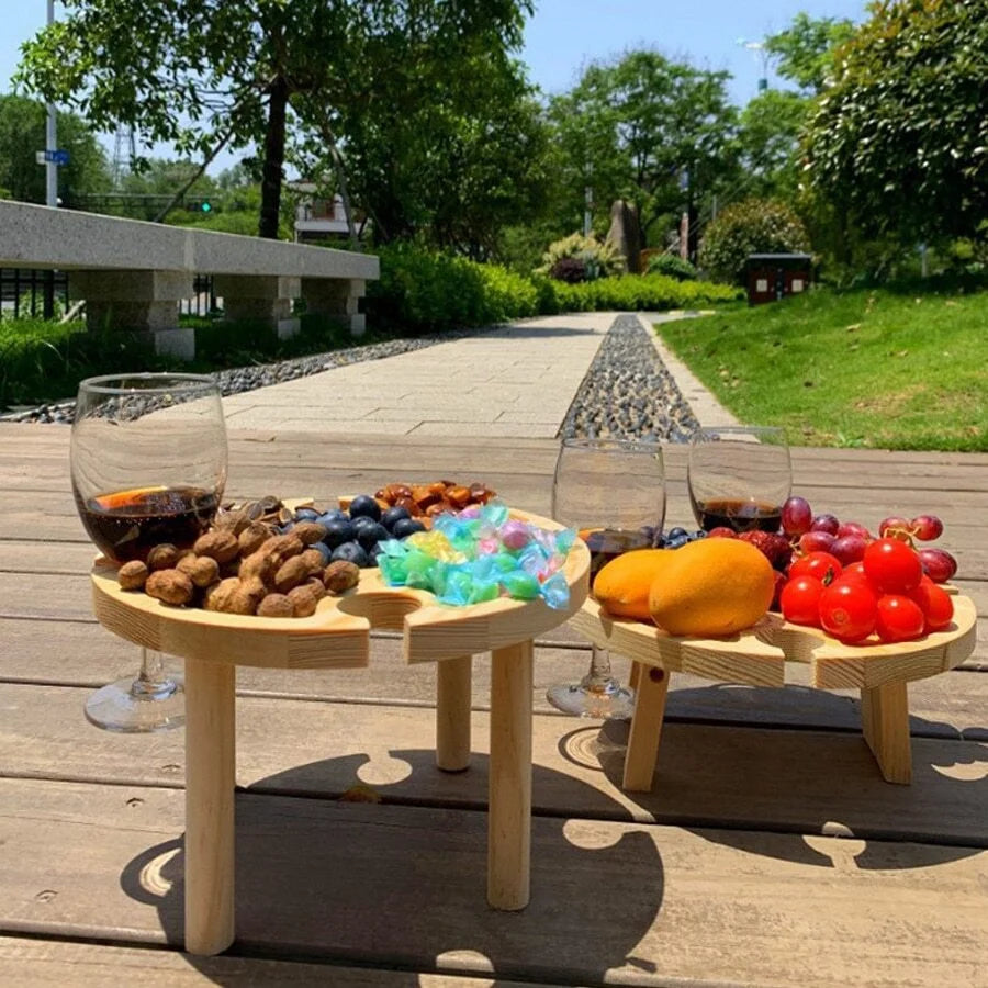 Mesa de picnic plegable de madera para exteriores con soporte para copas, 2 en 1, redonda, para escritorio y copas de vino, mesa plegable para fiestas en el jardín.