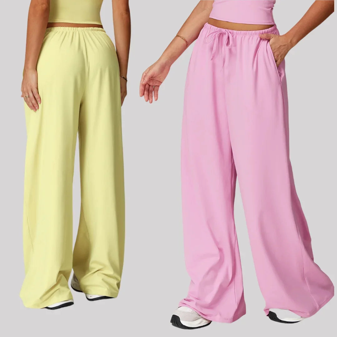 Pantalones de yoga deportivos para mujer, holgados, de pierna ancha, finos, transpirables, con cordón elástico y diseño caído.