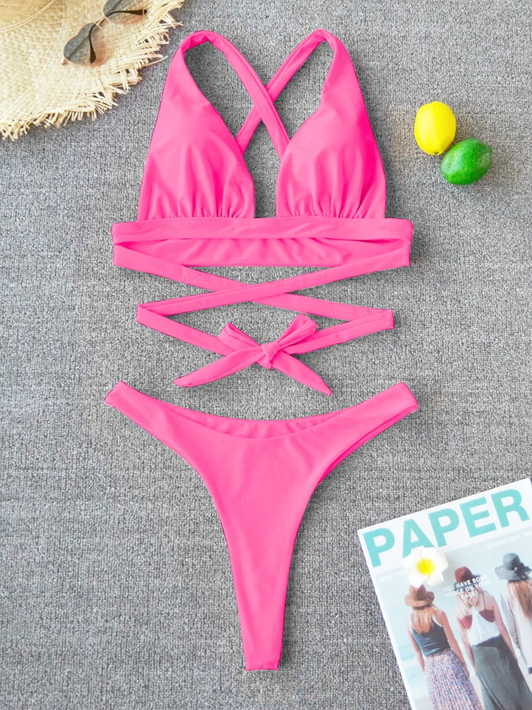 Bikini sexy 2025, traje de baño liso para mujer, traje de baño para mujer, conjunto de bikini push up con vendaje cruzado, traje de baño para playa, traje de baño