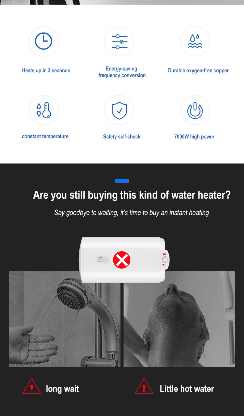 Calentador de agua eléctrico instantáneo sin tanque para ducha, baño y bañera, 220 V, 7000 W, con control automático de temperatura, para uso doméstico y hotelero.