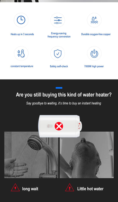 Calentador de agua eléctrico instantáneo sin tanque para ducha, baño y bañera, 220 V, 7000 W, con control automático de temperatura, para uso doméstico y hotelero.