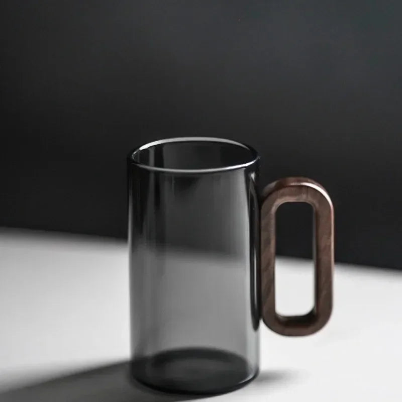 Tazas de té de vidrio de borosilicato de 360 ml, resistentes al calor, transparentes, con mango de madera, para agua potable, para el hogar y la oficina.