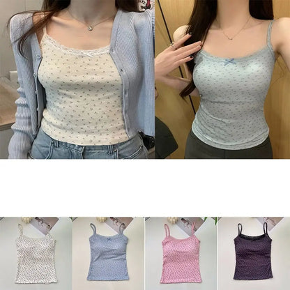 Camisola elegante con estampado floral de encaje 2024 Y2K, chaleco sexy ajustado, tops florales, talla única, camisetas sin mangas florales, primavera