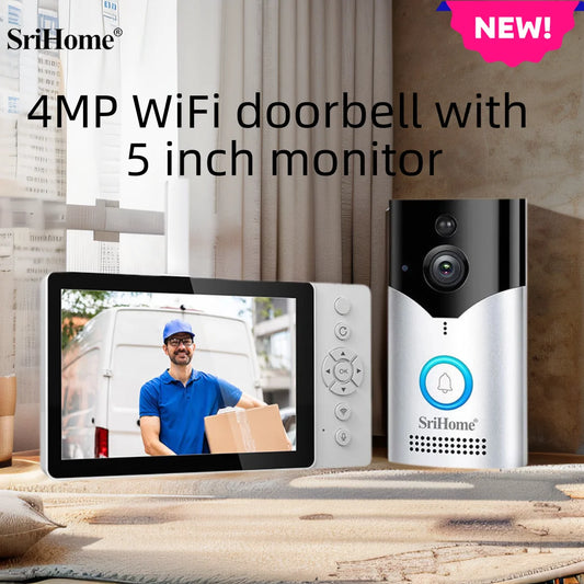 Sistema de timbre Srihome con pantalla HD de 4 MP y 5 pulgadas, monitoreo remoto por teléfono, videoportero de 5000 mAh, visión nocturna, timbre inalámbrico inteligente