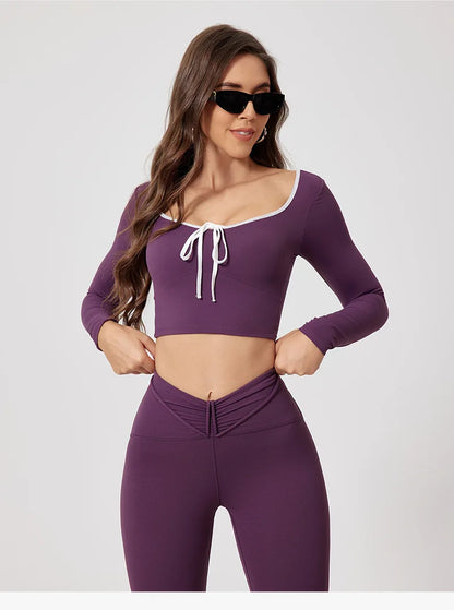 Conjunto de yoga para mujer: camiseta de manga larga, ropa deportiva, top corto, leggings de cintura alta y conjunto deportivo.