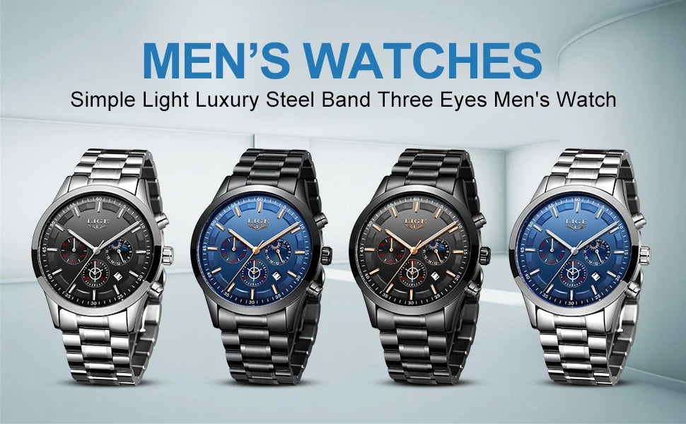 LIGE - Reloj de negocios para hombre, de cuarzo, de lujo, resistente al agua, 3 barras, cronógrafo luminoso, regalo + caja