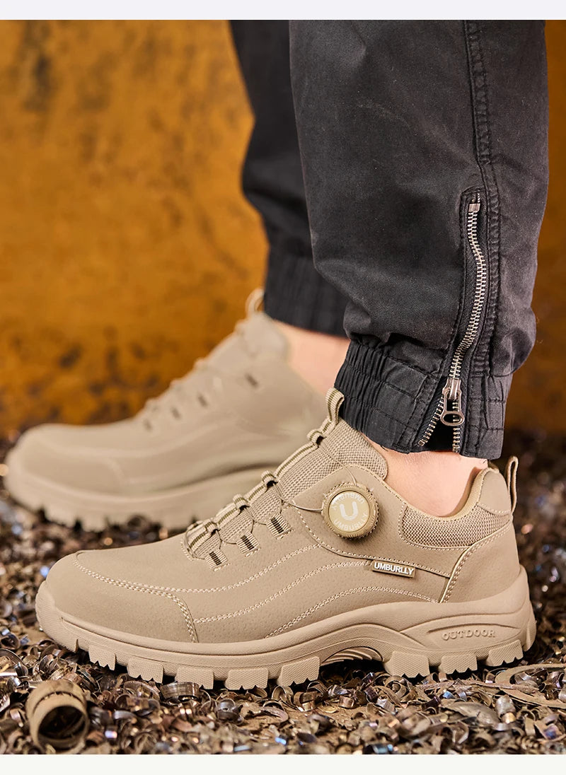 Calzado de seguridad para hombre con diseño de botones, puntera de acero, resistente a la compresión y suela antideslizante para trabajo en exteriores y talleres.