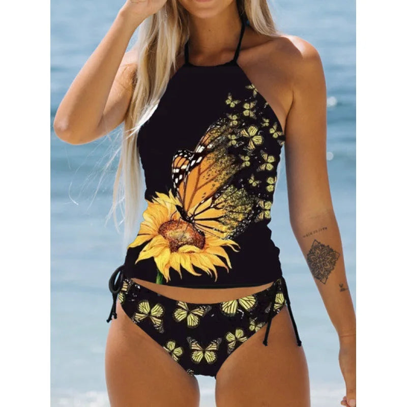 Women's Bathing Suit Coconut Drawstring Side Halter Neck Tankini Set Summer Beach Wear Cute Swimwear Women Swimsuit Sexy Bikini