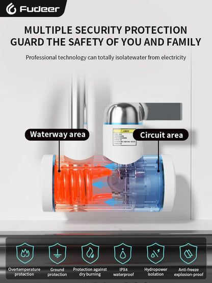 Calentador de agua eléctrico Fudeer de 3000 W y 220 V para grifo de cocina, sin tanque, calentamiento instantáneo, mezclador con agua caliente y pantalla digital.