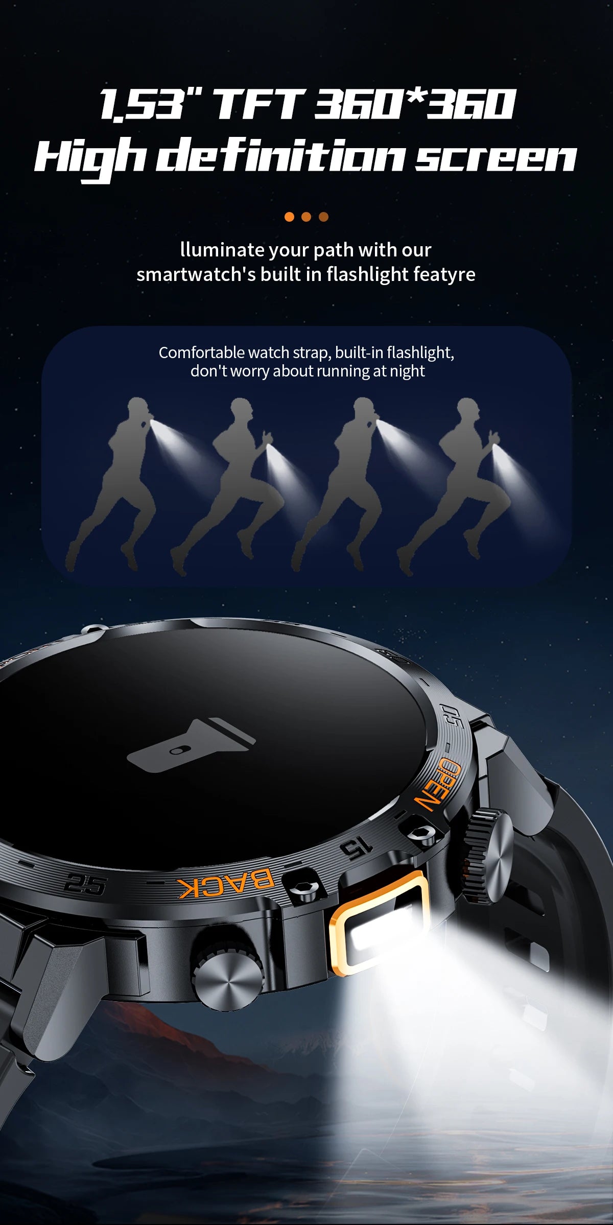 Nuevo reloj inteligente militar para hombre, pantalla AMOLED HD de 360*360, resistente al agua, con linterna LED, deportivo, para Android e iOS.