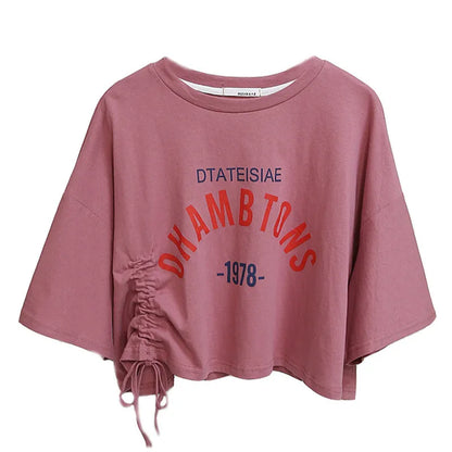 Camiseta corta con cordón y estampado de moda para mujer, diseño informal de manga corta, color negro, verde, rosa, blanco y naranja.