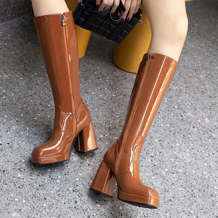 Botas altas impermeables para mujer, con plataforma de 10 cm y punta cuadrada, botines de invierno 2025 hasta la rodilla con tacón grueso, talla grande 43