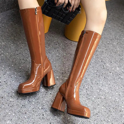 Botas altas impermeables para mujer, con plataforma de 10 cm y punta cuadrada, botines de invierno 2025 hasta la rodilla con tacón grueso, talla grande 43