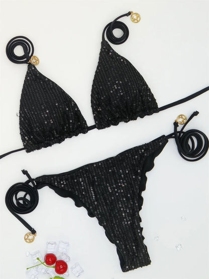 Bikini unicolor con purpurina, bañador sexy con cuello halter, traje de baño para mujer, conjunto de bikini con lentejuelas brillantes, ropa de playa, bikini brasileño