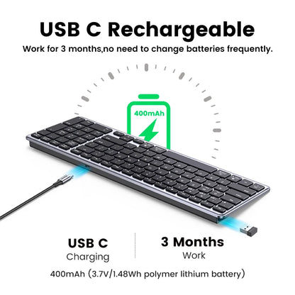 Teclado inalámbrico UGREEN Bluetooth 5.0 2.4G con 99 teclas en ruso/coreano/inglés para MacBook, iPad, PC y tabletas, recargable por USB C.