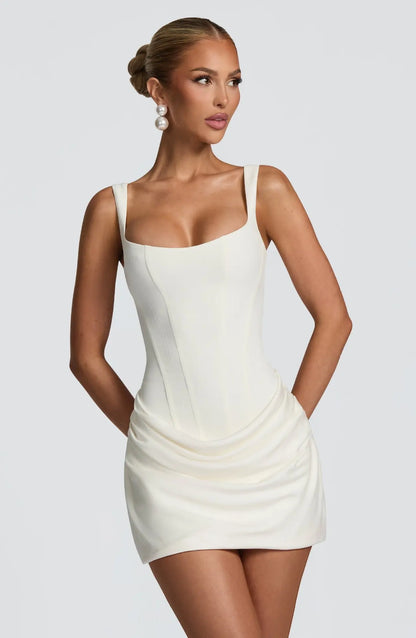 Women Coffee Pleated Sling Evening Mini Dresses Fashion Sleeveless High Waist U Neck Slim Short Dress Lady Highstreet Party Robe