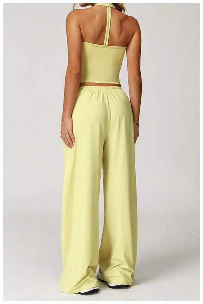 Pantalones de yoga deportivos para mujer, holgados, de pierna ancha, finos, transpirables, con cordón elástico y diseño caído.