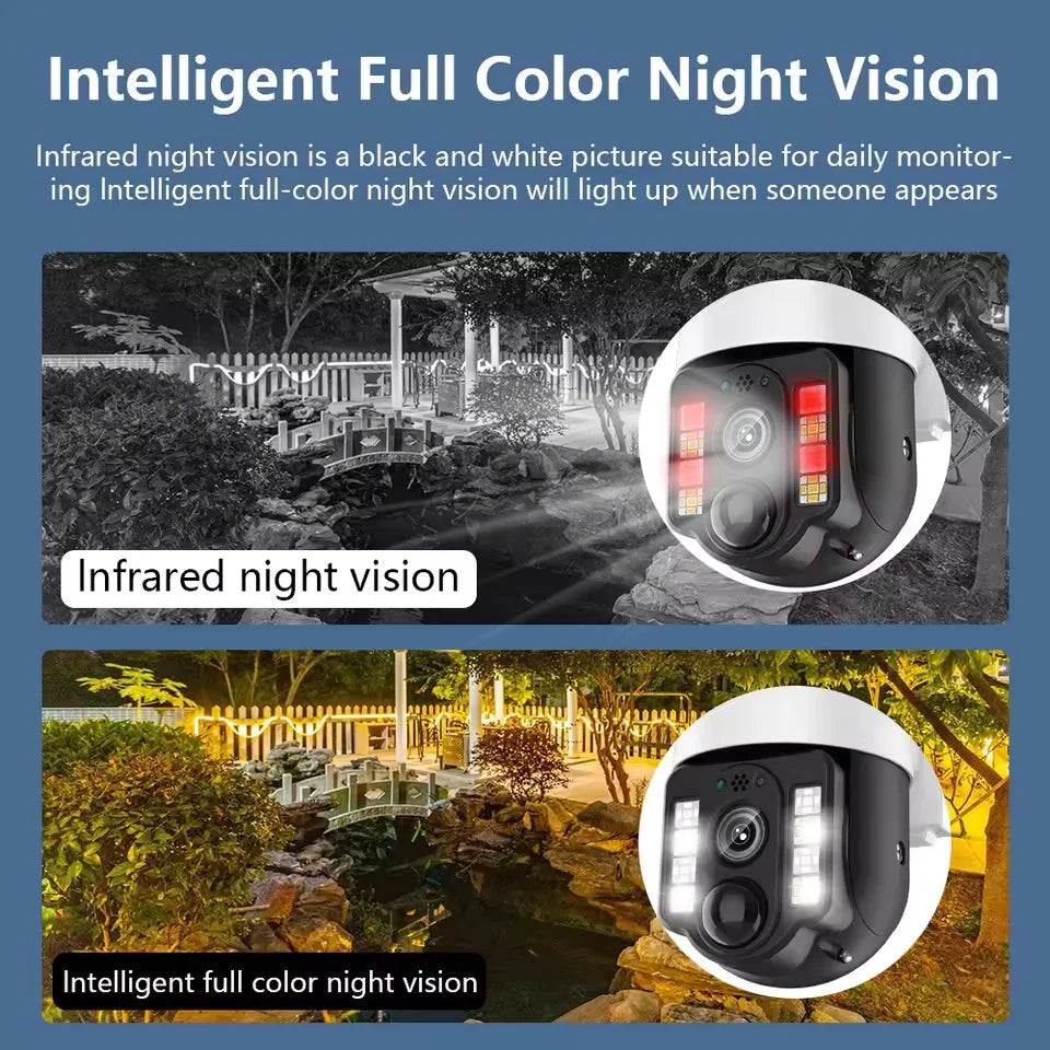 Cámara solar WiFi V380 Pro con zoom 10X, doble lente, resistente al agua, para exteriores, con protección IP, detección humana PIR y sistema de videovigilancia.