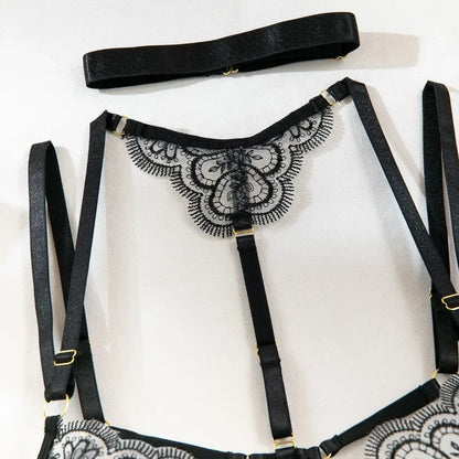 Tornova - Conjunto de ropa interior sexy con bordado de 5 piezas para mujer, de malla con retazos, transparente, con cuello halter y ligas, lencería sexy