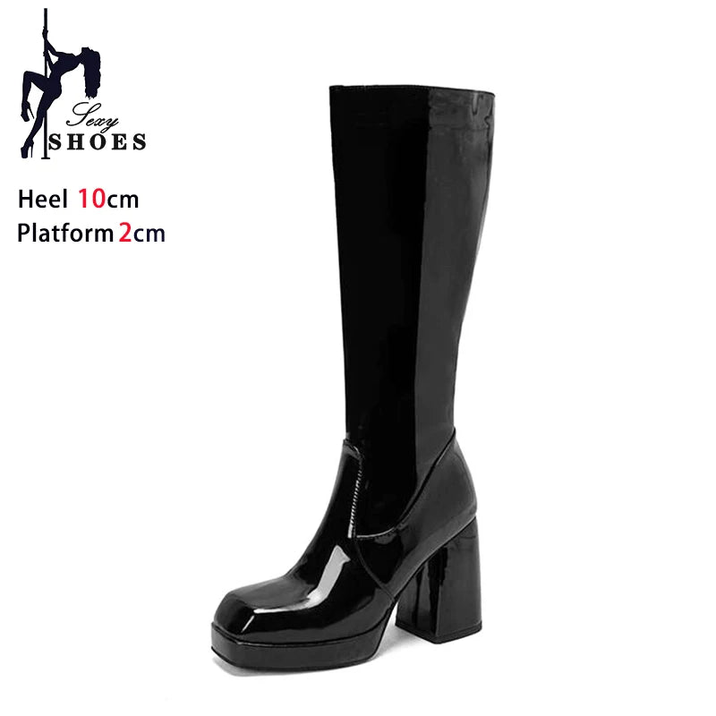 Botas altas impermeables para mujer, con plataforma de 10 cm y punta cuadrada, botines de invierno 2025 hasta la rodilla con tacón grueso, talla grande 43