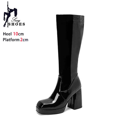 Botas altas impermeables para mujer, con plataforma de 10 cm y punta cuadrada, botines de invierno 2025 hasta la rodilla con tacón grueso, talla grande 43